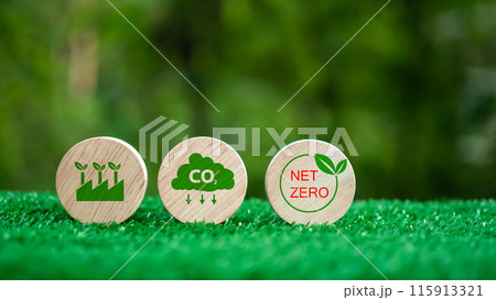 Three wooden circles with a green background and the words CO2, Net Zero. CO2 emission reduction concept, Clean environment without carbon dioxide emissions, Environmental protection concept. Three wooden circles with a green background and the words CO2, Net Zero. CO2 emission reduction concept, Clean environment without carbon dioxide emissions, Environmental protection concept. 115913321