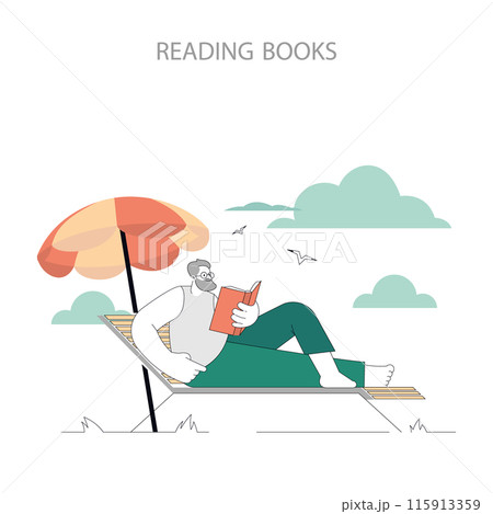 Senior man enjoys a leisurely read under an umbrella on a sunny day, embodying tranquility and relaxation. Vector illustration. 115913359