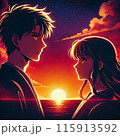 夕日をバックに見つめ合う男女 115913592