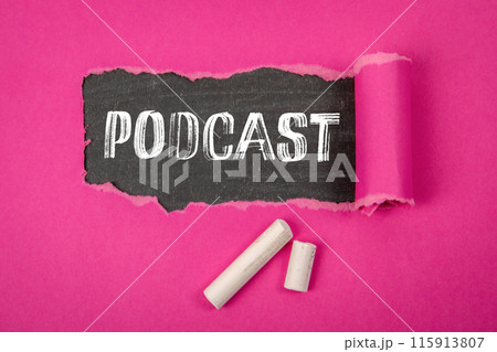 Podcast. Wordt under torn purple paper on a blackboard Podcast. Wordt under torn purple paper on a blackboard 115913807