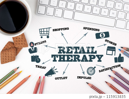 RETAIL THERAPY Concept. Chart with keywords and icons. White office desk 115913835