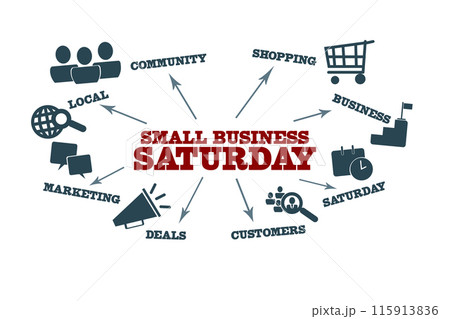 Small Business Saturday. Illustration with icons, arrows and keywords on a white background 115913836