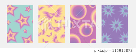 Set brochure y2k aura. Blurred heart, butterfly and stars with aura in trendy style y2k. 115913872