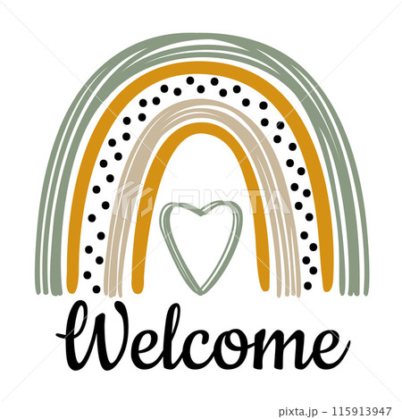 Pastel Rainbow Welcome Lettering and Heart Print for TShirts. Motivational Phrase. Inspirational Quote Print for Clothes. Modern Typographic Slogan in Pastel Rainbow. Vector illustration 115913947