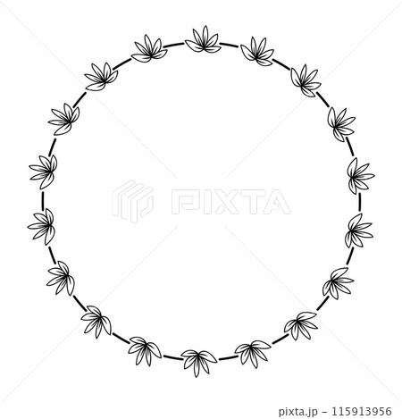 Round Floral Border Design. Elegant Circle Wreath Rustic Wedding Decoration. Simple Black Botanical Illustration. Retro Branch Leaf Logo. Nature Element. Vector illustration 115913956