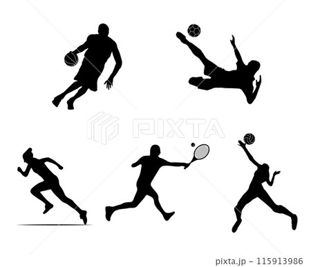 Silhouette Images of Athletes Playing Basketball, Soccer, Tennis, Running, Volleyball in Action Poses. Dynamic Movement of Sportsmen. Vector illustration Silhouette Images of Athletes Playing Basketball, Soccer, Tennis, Running, Volleyball in Action Poses. Dynamic Movement of Sportsmen. Vector illustration 115913986