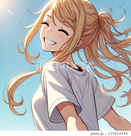 真夏のデートでにっこり微笑む振り返り美女 115914244