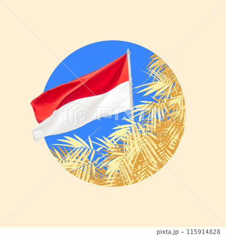 Indonesian flag waving in the wind on blue sky with palm tree silhouette minimal collage design 115914828