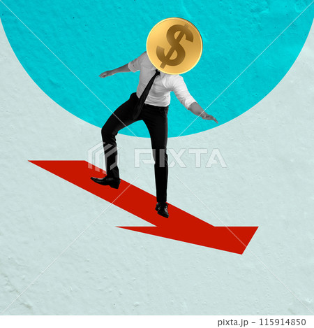 Businessman with dollar coin head surfing down red arrow on blue background Businessman with dollar coin head surfing down red arrow on blue background 115914850