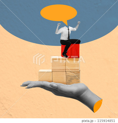 Businessman celebrating on top of career ladder held by giant hand 115914851