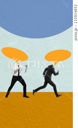 Two businessmen with speech bubbles instead of heads running in opposite directions 115914852