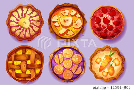 Fruit and vegetable pies top view set 115914903