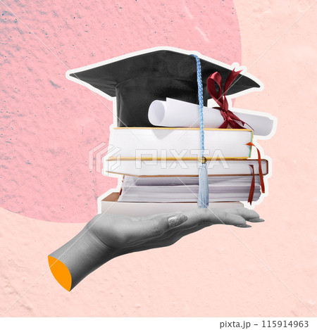A human hand holding a stack of books with a graduation hat 115914963