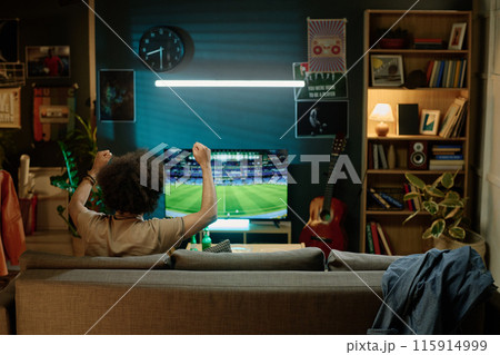 Rear view of unrecognizable biracial man sitting on sofa in living room watching soccer game match on TV, copy space 115914999