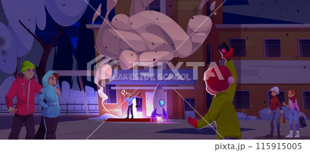 Man with loudspeaker launch rocket neat school Man with loudspeaker launch rocket neat school 115915005