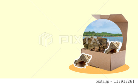 Opened a box with a beach and a blue sky 115915261