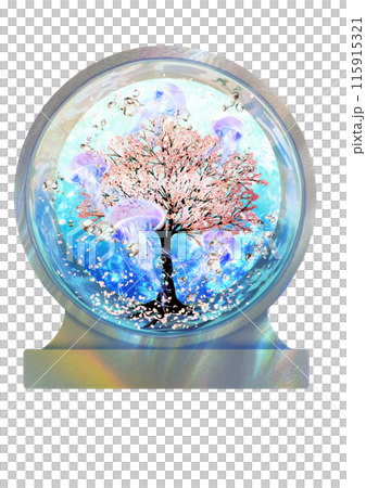 Cherry blossoms in a mother-of-pearl goldfish bowl with jellyfish swimming around them Cherry blossoms in a mother-of-pearl goldfish bowl with jellyfish swimming around them 115915321