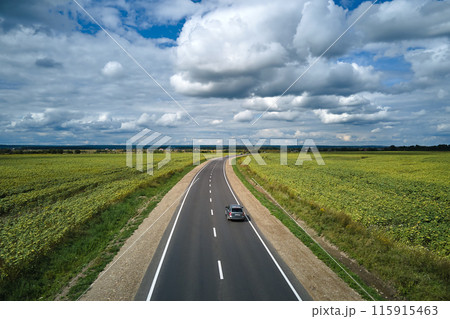 Aerial view of intercity road between green agricultural fields with fast driving cars. Top view from drone of highway traffic 115915463