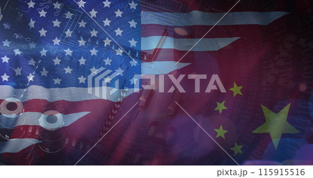 Image of computer server data processing over flag of china and united states of america Image of computer server data processing over flag of china and united states of america 115915516