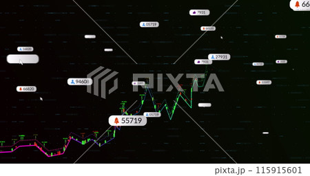 Image of notification bars and multicolored graphs with changing numbers over black background 115915601