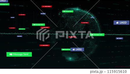 Image of multiple notification bars, graph and globe with numbers over black background 115915610