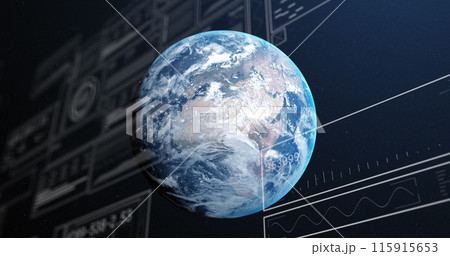 Image of multiple graphs, loading circles and bars with changing numbers over rotating globe Image of multiple graphs, loading circles and bars with changing numbers over rotating globe 115915653