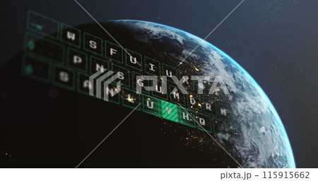 Image of illuminated pattern moving on letters of keyboard, globe against abstract background 115915662