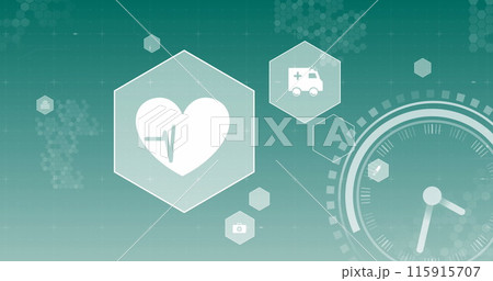 Fast moving clock over beating heart and medical icons on green background 115915707