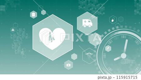 Fast moving clock over beating heart and medical icons on green background Fast moving clock over beating heart and medical icons on green background 115915715