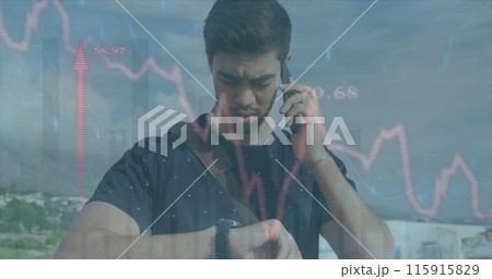 Image of red line financial data processing over biracial man on smartphone Image of red line financial data processing over biracial man on smartphone 115915829