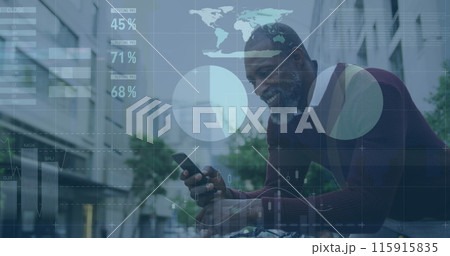 Image of financial data processing over african american man on smartphone 115915835