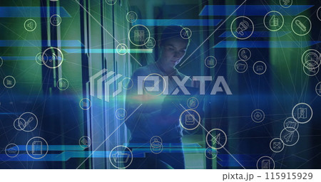 Image of floating media icons over caucasian female technician working in server room 115915929