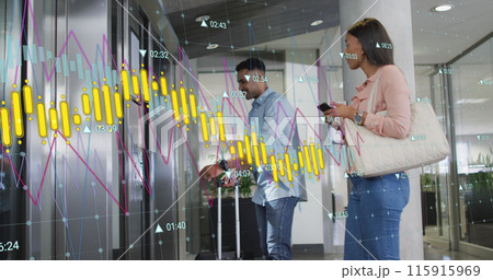 Image of multiple graphs with changing numbers over diverse people waiting for elevator 115915969