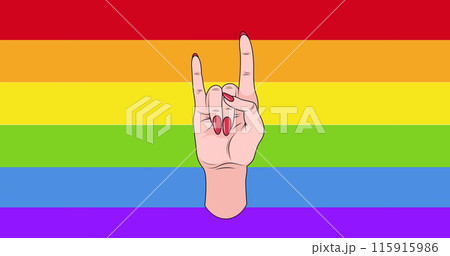 Image of hand gesture over white and rainbow background Image of hand gesture over white and rainbow background 115915986