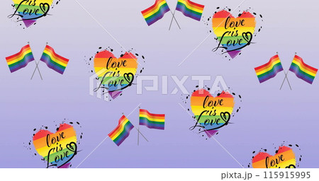 Image of rainbow flags and hearts with love is love texts over blue background 115915995