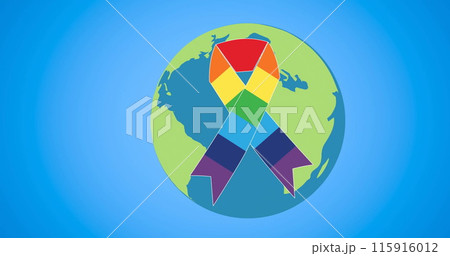 Image of globe with rainbow ribbon over blue background 115916012