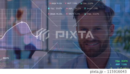 Image of financial data processing over caucasian businessman in office Image of financial data processing over caucasian businessman in office 115916043
