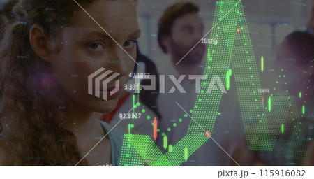 Image of financial data processing over diverse male and female colleagues in office 115916082