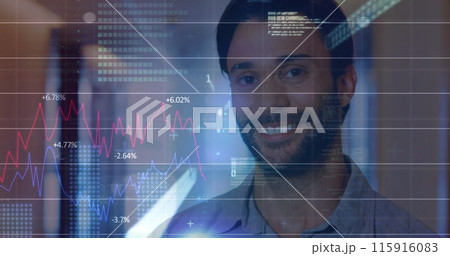 Image of financial data processing over biracial businessman in office Image of financial data processing over biracial businessman in office 115916083