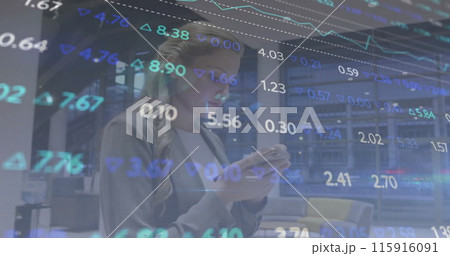 Image of financial data processing over caucasian businesswoman using smartphone 115916091
