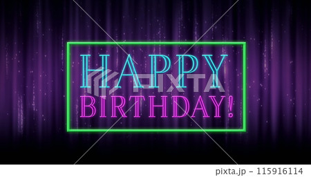 Digitally animated of happy birthday text in a rectangle sparking against purple curtain 4k 115916114