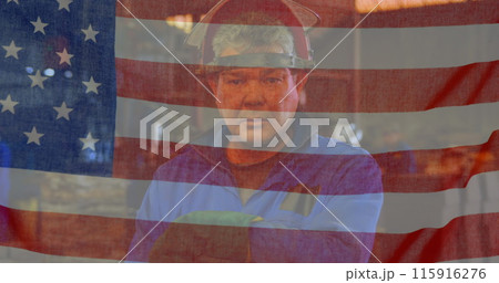 Image of American flag waving over portrait of senior Caucasian man working in factory helmet in the Image of American flag waving over portrait of senior Caucasian man working in factory helmet in the 115916276
