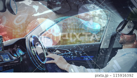 Image of data processing over caucasian businessman using vr headset in car 115916392