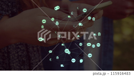 Image of network of connections with icons over women using smartphone Image of network of connections with icons over women using smartphone 115916483
