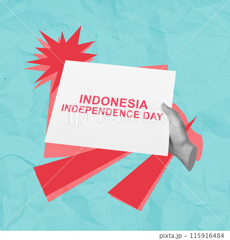 Mannequin hand holding indonesia independence day sign on blue background Mannequin hand holding indonesia independence day sign on blue background 115916484