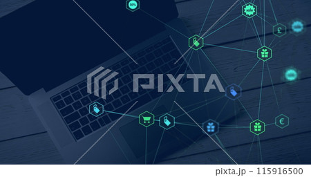 Image of network of connections with icons over laptop Image of network of connections with icons over laptop 115916500