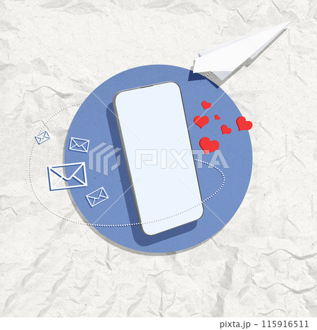 A paper plane flying through a mobile phone screen A paper plane flying through a mobile phone screen 115916511