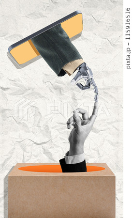 Businessman reaching from smartphone to businessman in box 115916516