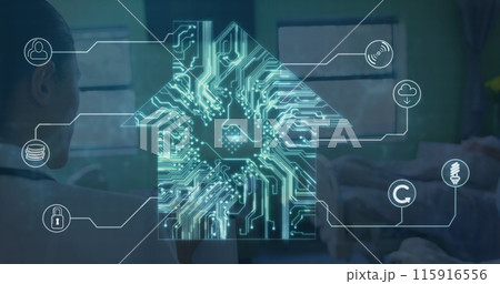 Image of network of connections and computer circuit board over diverse doctors and patients 115916556