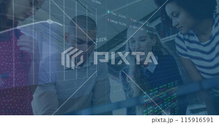 Image of financial data processing and stock market over diverse business people 115916591